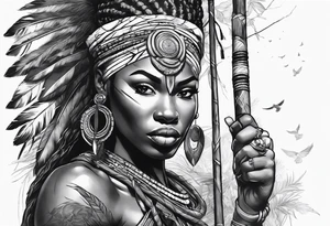 African woman warrior holding spear in action with earrings. Tribe marks on her face and tree Branch brids and lion in the background tattoo idea