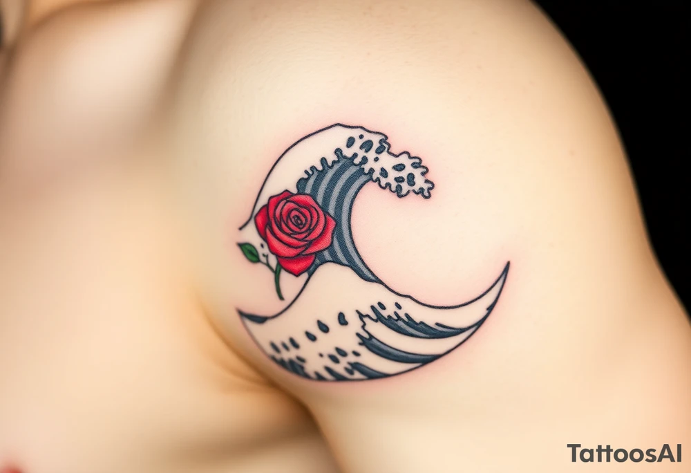 The Great Wave off Kanagawa With a red rose in the curve of the wave tattoo idea