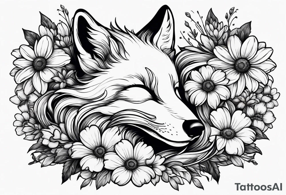 Creepy evil fox sleeping daisies tattoo idea