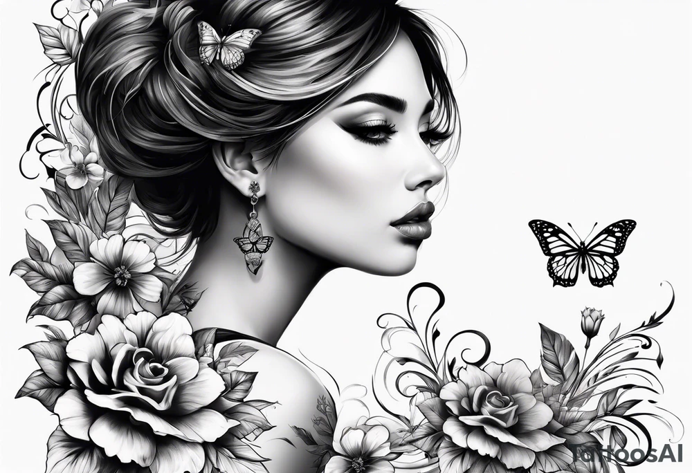 Half face with flowers and butterfly tattoo idea