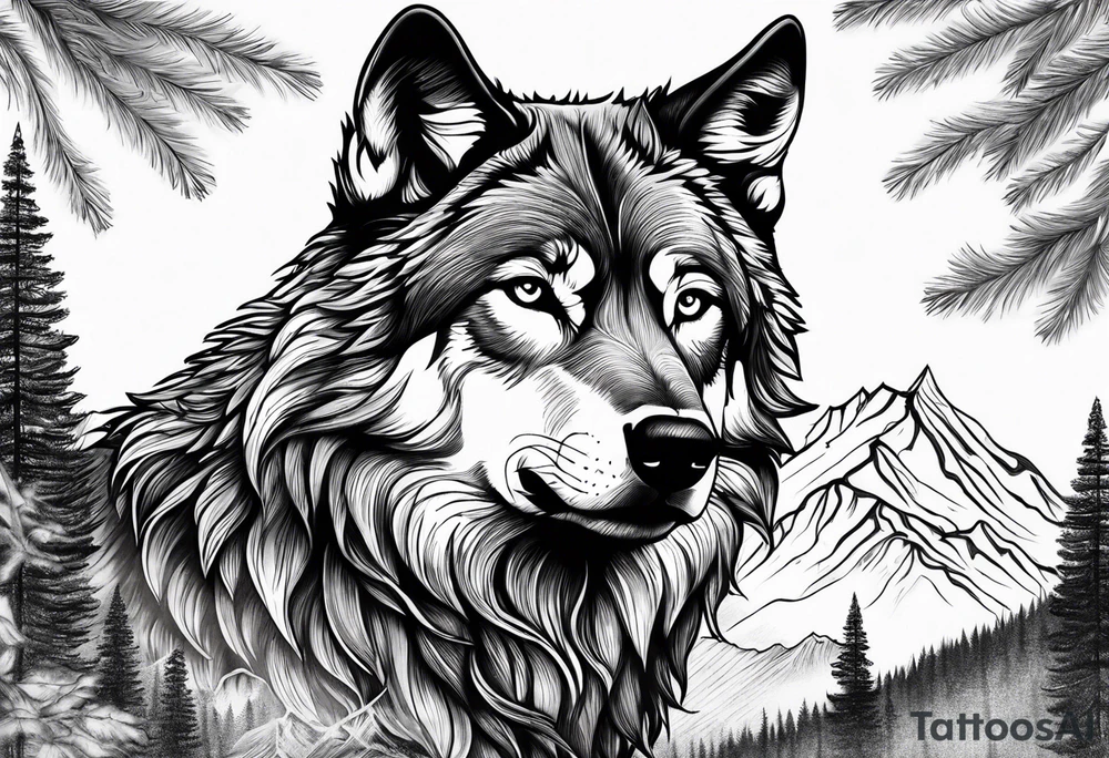 Mountains, wolf in it tattoo idea