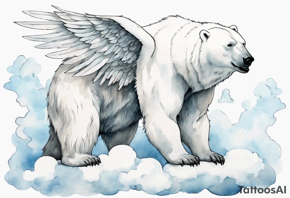 a polar bear with wings, standing on clouds, blowing air from mouth tattoo idea