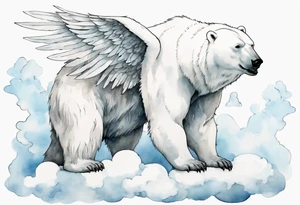 a polar bear with wings, standing on clouds, blowing air from mouth tattoo idea