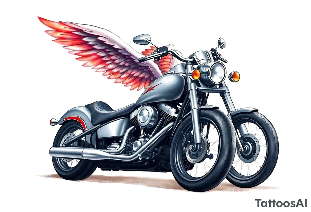 Low rider grey motorcycle, big muffler pipes with flames, angel wings, driving away, no person tattoo idea