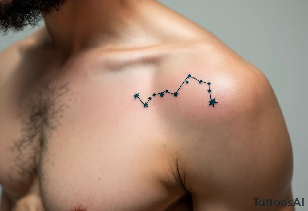 A minimalist Virgo sign in burnt sienna is followed by a sweeping arc of teal stars forming the constellation. tattoo idea