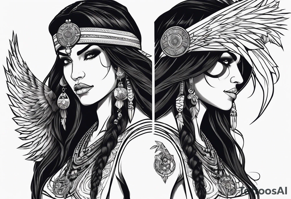 valkrye, kali, pirate, goddess, native american, looking right, left chest, wing tattoo idea valkrye, kali, pirate, goddess, native american, looking right, left chest, wing tattoo idea