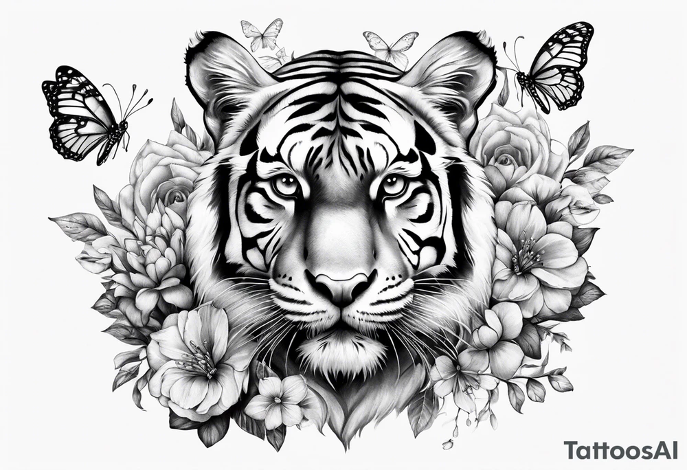realistic full body tiger, 3 butterflies, flowers for ladies thigh / hip shaded tattoo idea