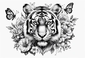 realistic full body tiger, 3 butterflies, flowers for ladies thigh / hip shaded tattoo idea