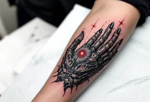 A shadowy humanlike mechanical arm inked in matte black with accents of silver and a central pulsar in deep red. tattoo idea