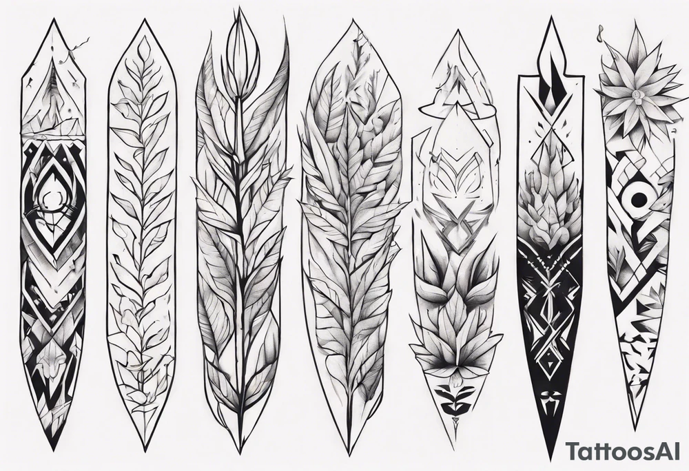 full arm tattoo. pointy leaves combined with geometric shapes. whole arm tattoo idea
