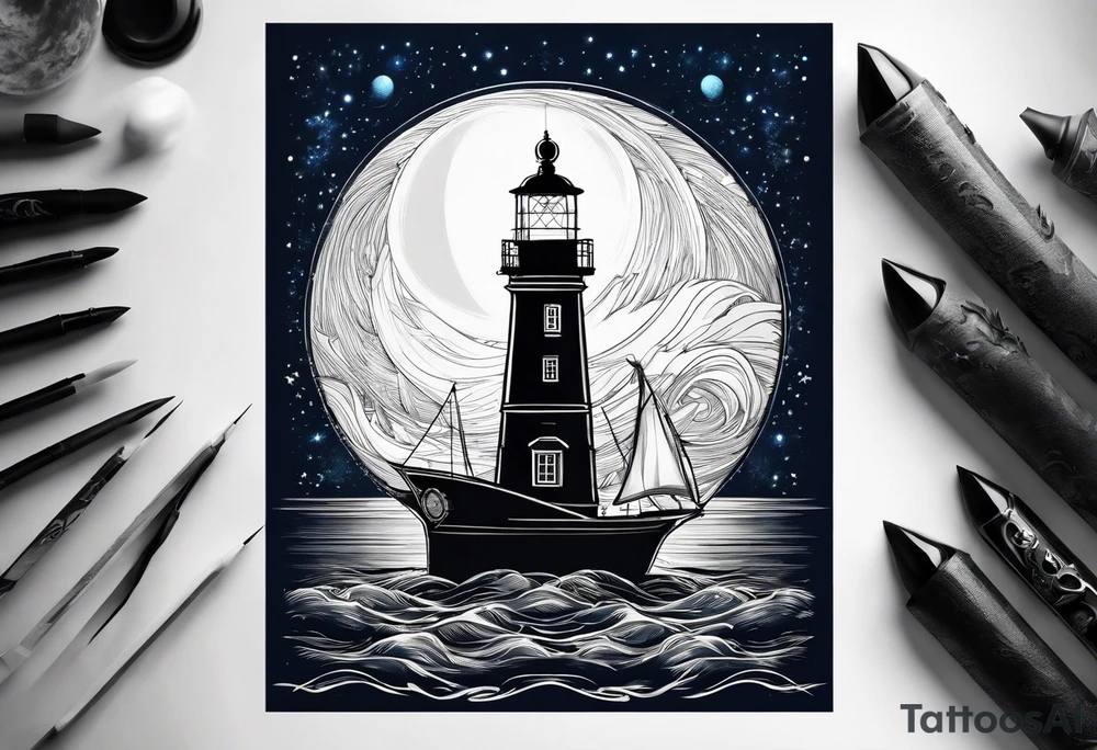 bateau, phare maritime et lune bleu tattoo idea