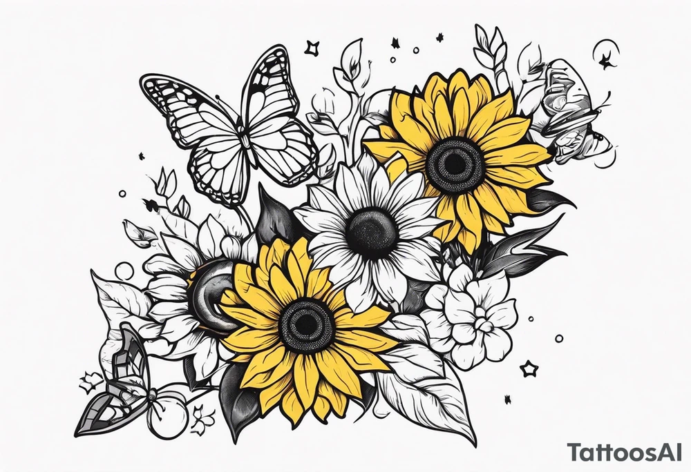 Arm sleeve with sunflowers and butterflies tattoo idea