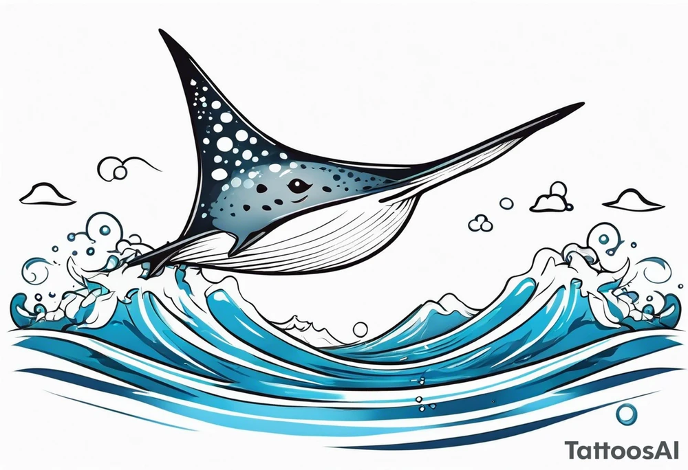 cute eagle ray leaping out of ocean, cartoon tattoo idea