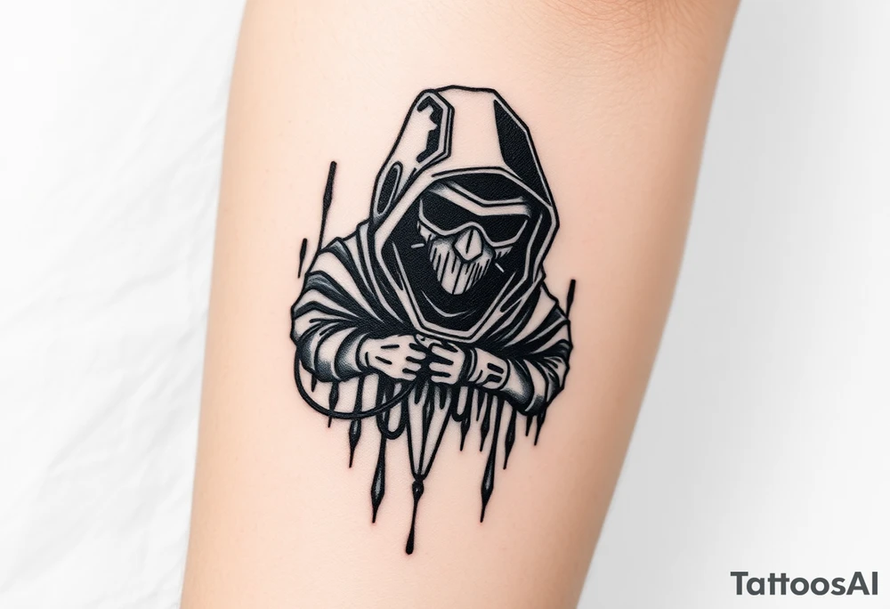 Tattoo for the top side of the forearm, black and gray, flash, hacker computer tech tattoo idea