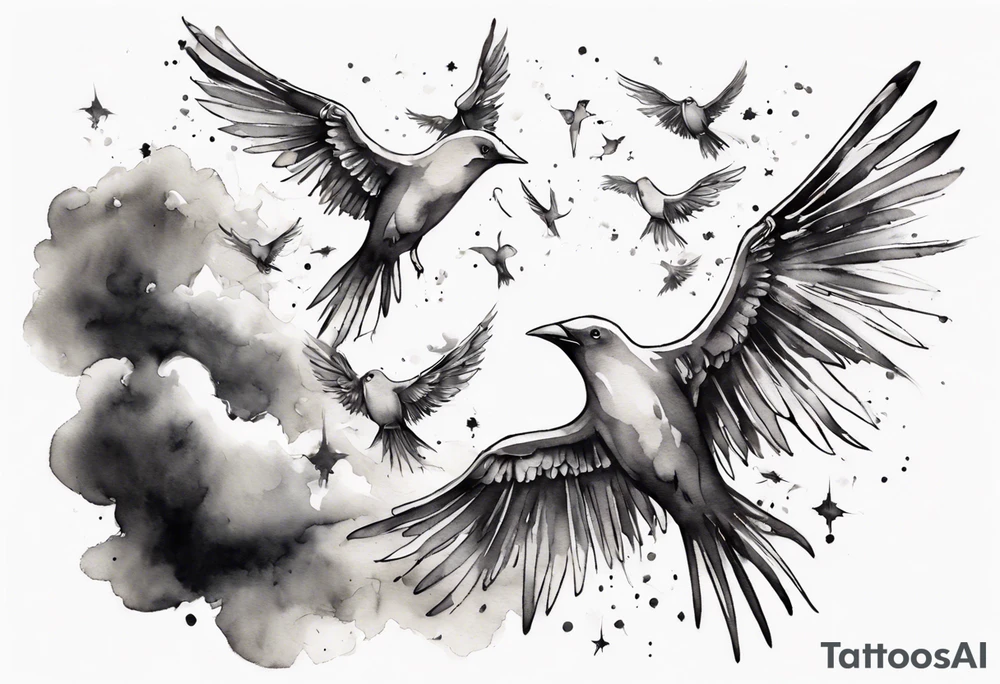 a shoulder tattoo with rays of light, clouds and birds flying free tattoo idea