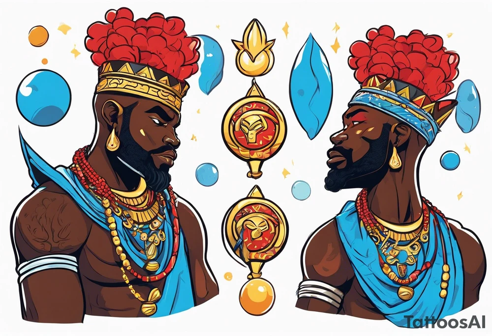 Black-skinned african god of war with a small silver crown, no armor, and two ball necklaces: one blue, other red tattoo idea