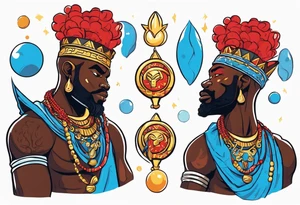 Black-skinned african god of war with a small silver crown, no armor, and two ball necklaces: one blue, other red tattoo idea