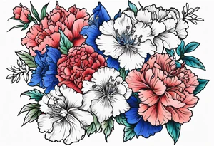 Larkspur flowers and carnation flowers in all color tattoo idea
