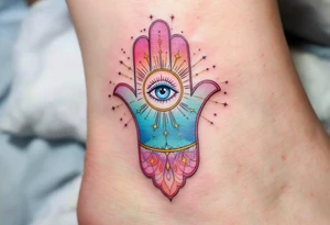 A soft pastel-colored Hamsa with an open eye emitting golden rays, representing clarity and enlightenment. tattoo idea