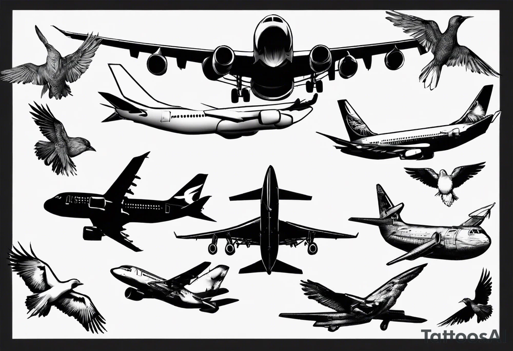 airplane, freedom, birds in masks tattoo idea