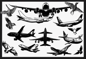 airplane, freedom, birds in masks tattoo idea