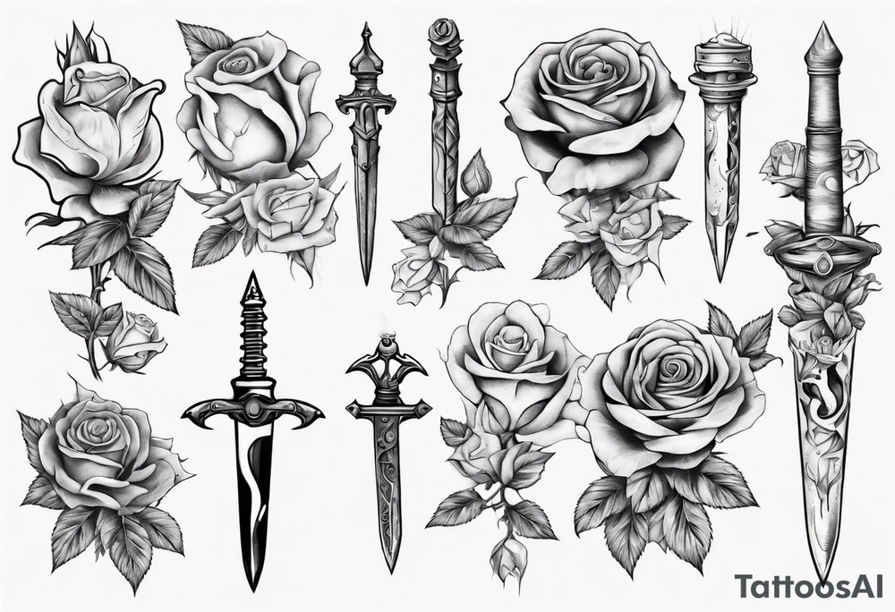 Dagger surrounded by roses tattoo idea