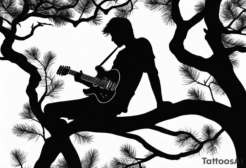 silhouette of a man sitting on a pine tree branch, playing electric guitar tattoo idea