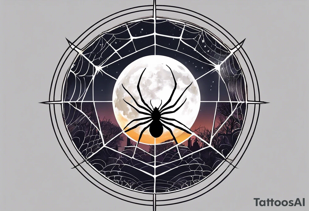spider shooting web with his back connecting to  under moon not inside the moon tattoo idea