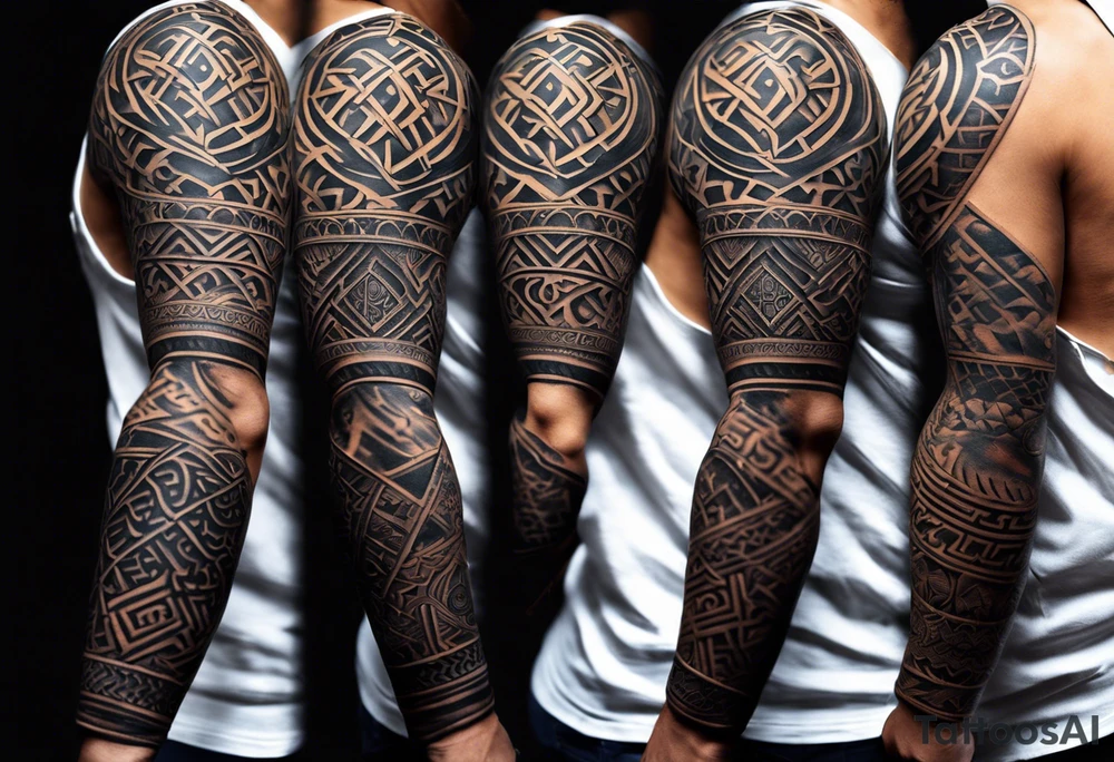 A full tattoo sleeve inspired by Greek mythology, designed with a strong, masculine aesthetic and dark shading to create bold contrasts. The sleeve features a central theme of ancient Greek symbols and deities, intricately woven together with a sense of power and order. The design incorporates an ordered mandala effect, with geometric patterns that add a sense of structure and balance, blending seamlessly with the mythological elements. Key figures like a fierce warrior, perhaps a Spartan or a gladiator, are depicted in dynamic poses, showcasing strength and bravery. Surrounding these figures, include elements like a laurel wreath, the eye of a Greek god, or a shield and spear, all rendered in dark, intense shading to highlight their significance. The mandala patterns serve as a backdrop, providing a structured, almost architectural feel that contrasts with the organic forms of the mythological characters. The overall look is dark, powerful, and deeply symbolic, capturing the essence of ancient Greek heroism and mythology in a way that resonates with a strong, masculine energy tattoo idea