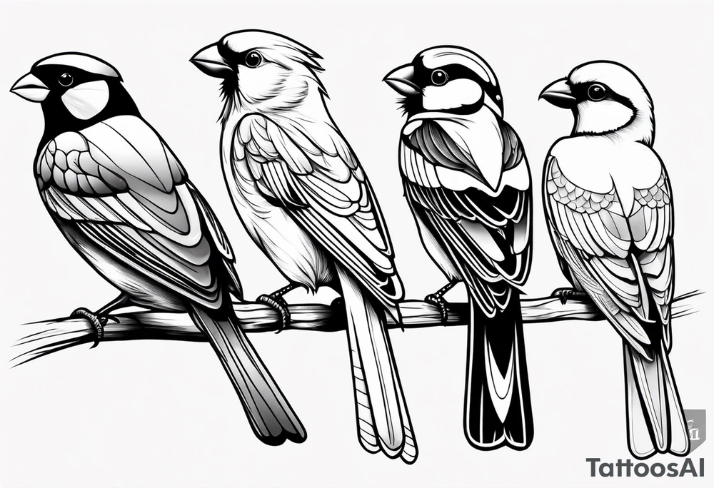 sleeve of 4 birds - cardinal, puffin, chickadee, and puerto rican parrot tattoo idea