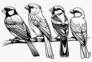 sleeve of 4 birds - cardinal, puffin, chickadee, and puerto rican parrot tattoo idea