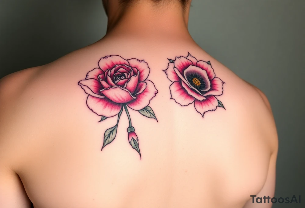 Pink peonie outline deep red rose outline red poppy outline and pink carnation outline tattoo idea