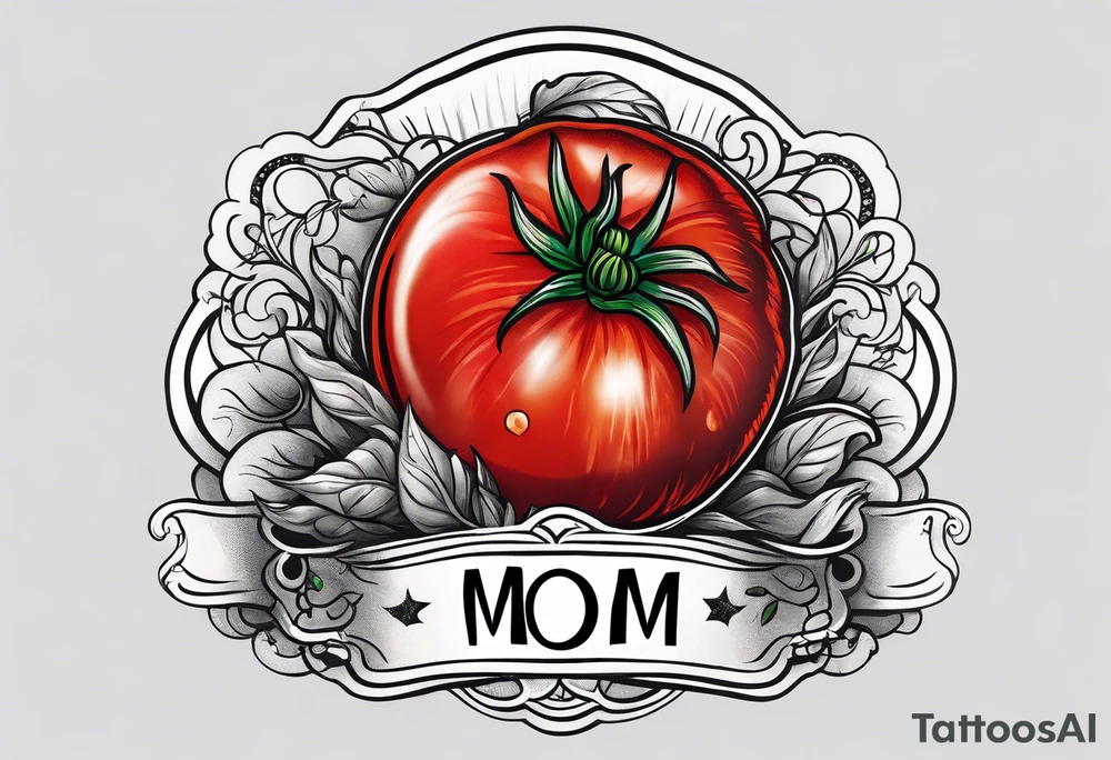 Red tomato with a mom banner around it tattoo idea