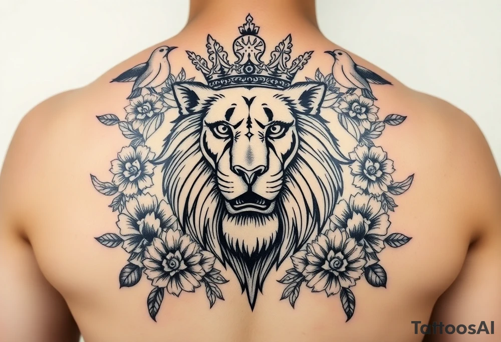 powerful majestic lion with a crown, surrounded by floral ornaments and birds tattoo idea