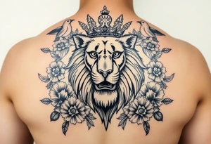 powerful majestic lion with a crown, surrounded by floral ornaments and birds tattoo idea