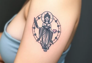 A blindfolded goddess standing in the center of a cosmic circle, with one hand holding a feather and the other a heart, symbolizing fairness in karma. tattoo idea