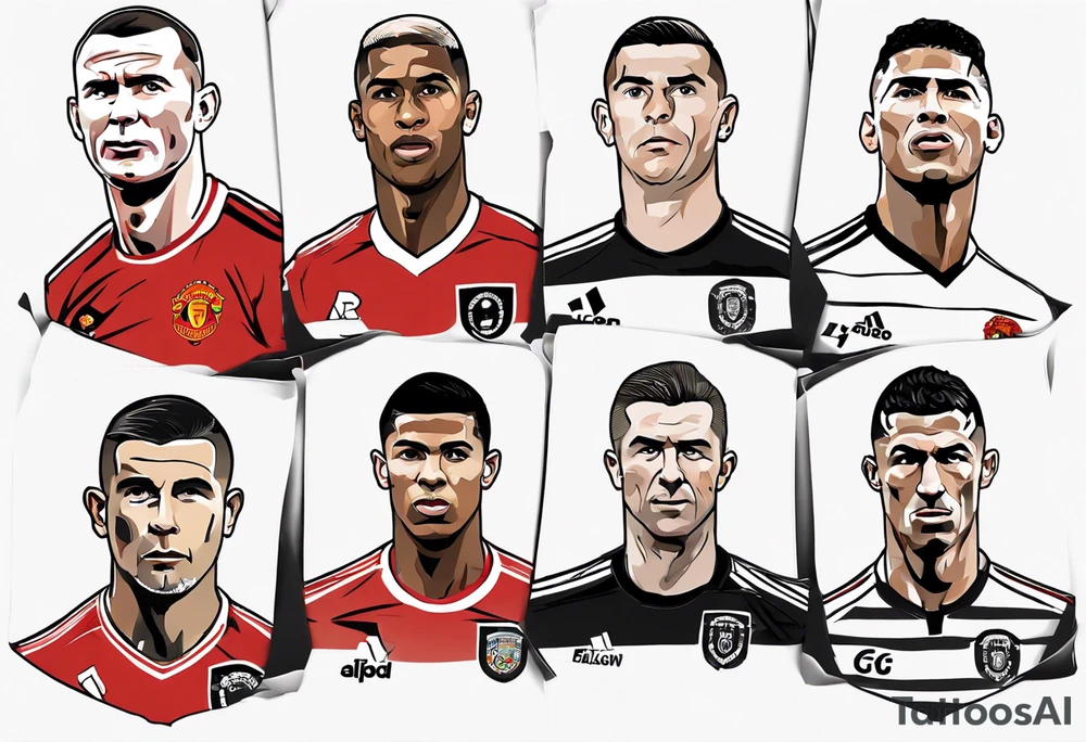 Rooney, Ronaldo, Best, Charlton, Cantona and Rashford at a table tattoo idea