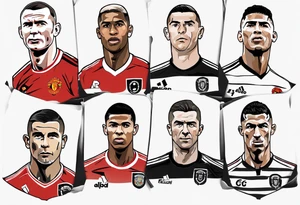 Rooney, Ronaldo, Best, Charlton, Cantona and Rashford at a table tattoo idea