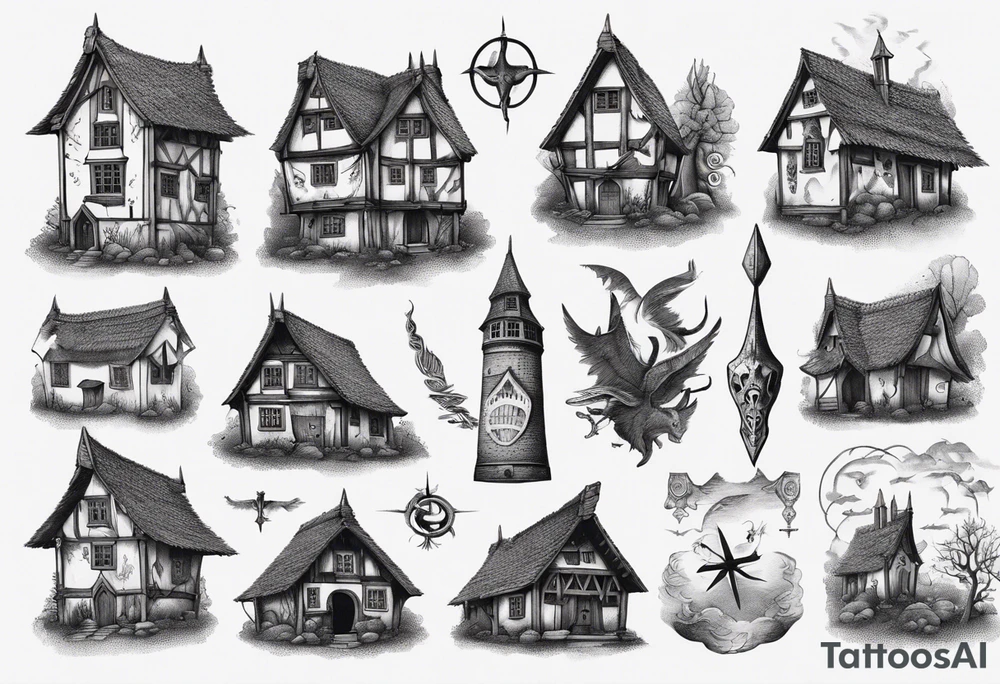 A Medieval scandanavian house giving off a sinister and mysterious air tattoo idea