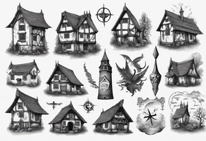 A Medieval scandanavian house giving off a sinister and mysterious air tattoo idea