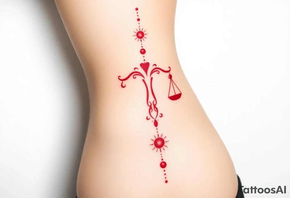 Tattoo that combines the star sign Taurus and Libra ,in red , down the spine tattoo idea