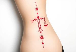 Tattoo that combines the star sign Taurus and Libra ,in red , down the spine tattoo idea