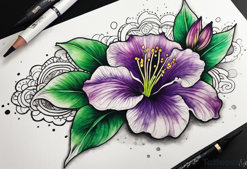A mystical outline of a rio dipladenia flower and a green/purple watercolor splash in the background tattoo idea