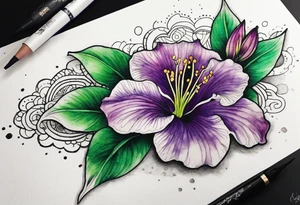 A mystical outline of a rio dipladenia flower and a green/purple watercolor splash in the background tattoo idea