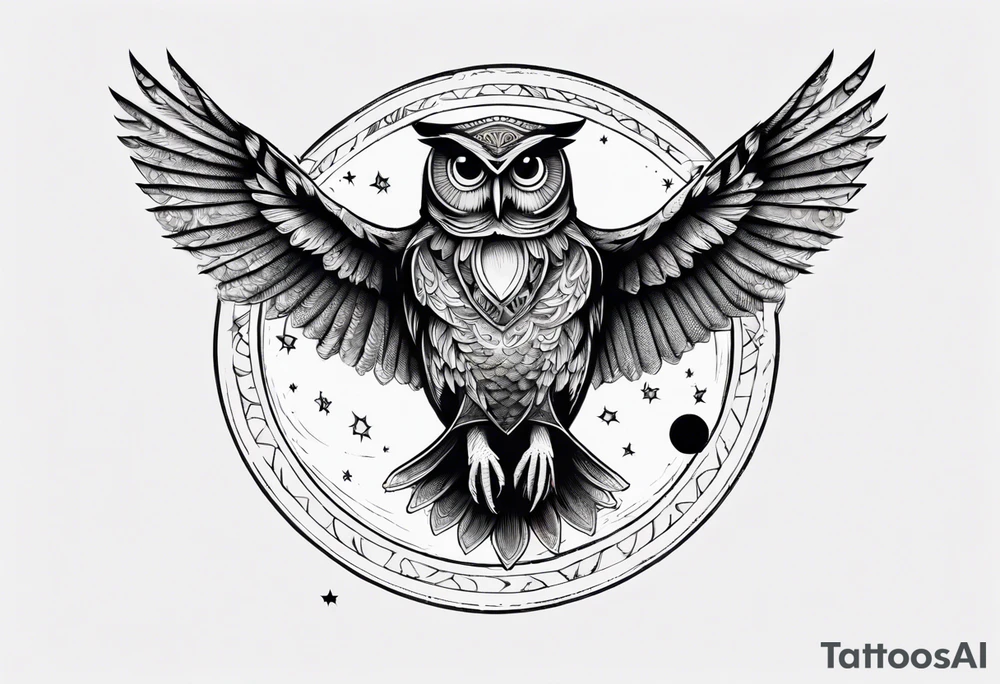 Wise and Regal Owl flying towards the Moon. tattoo idea