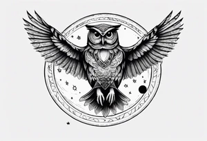 Wise and Regal Owl flying towards the Moon. tattoo idea