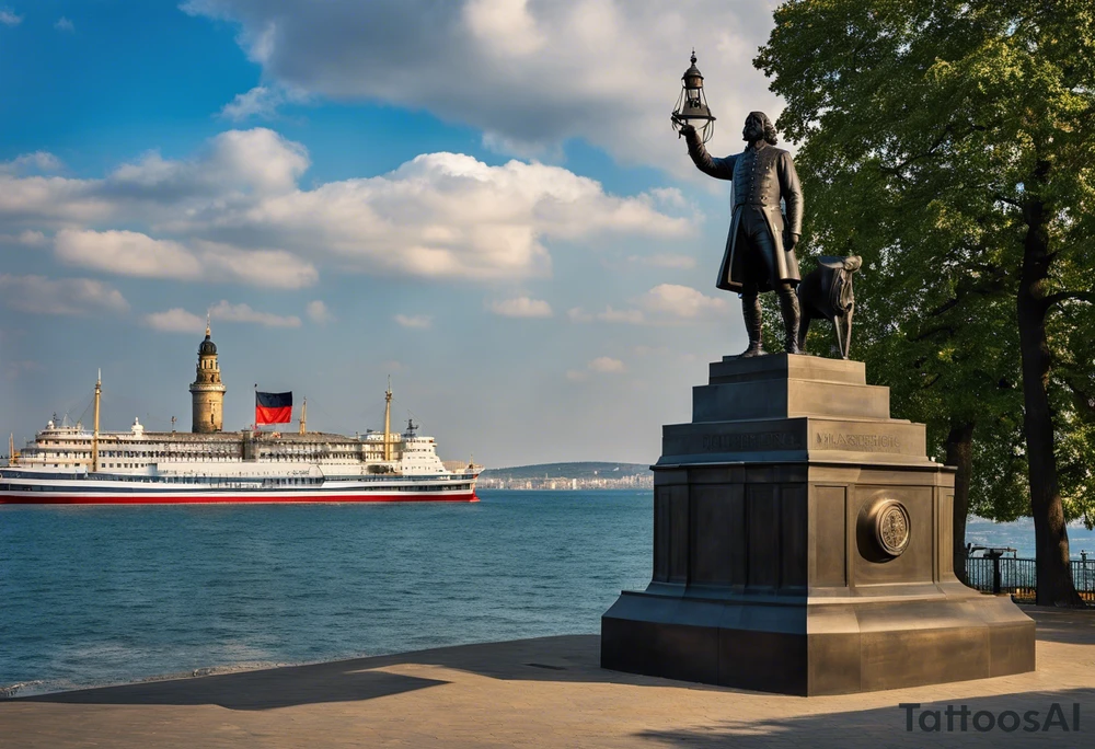 In the foreground stands the majestic figure of Duke de Richelieu, the renowned governor, pointing forward as if commanding the waves of the Black Sea. Surrounding him are symbols of Odesa - a ship's wheel representing the city's maritime heritage, a lighthouse beacon guiding seafarers, and the monumental Potemkin Stairs descending to the port. In the background, the waves of the Black Sea, intrinsic to Odesa's coastal identity, seem to applaud its grandeur. This tattoo embodies the unique spirit of Odesa, its rich history, and inseparable bond with the sea. tattoo idea