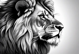 A roaring lion’s face with a flowing mane, emphasizing strength and courage, detailed fur textures tattoo idea