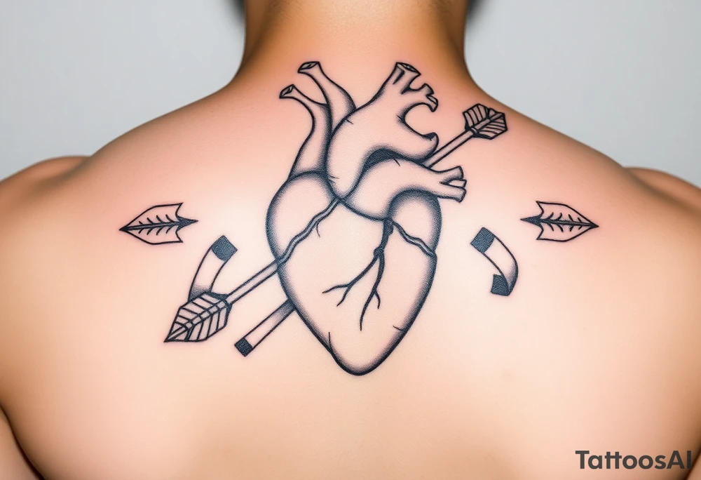 anatomical heart pierced by ornate arrow with flowing ribbons tattoo idea