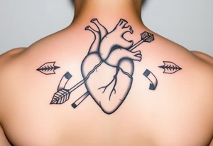 anatomical heart pierced by ornate arrow with flowing ribbons tattoo idea